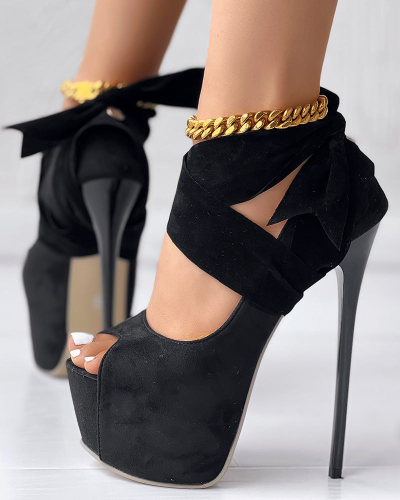 Tied Detail Peep Toe Platform Stiletto Heel Pumps