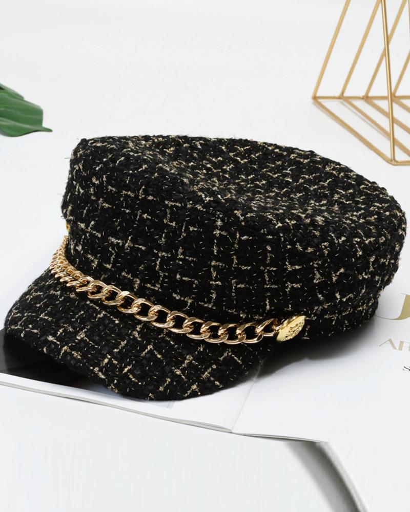 Trendy Tweed Chain Decor Peaked Cap