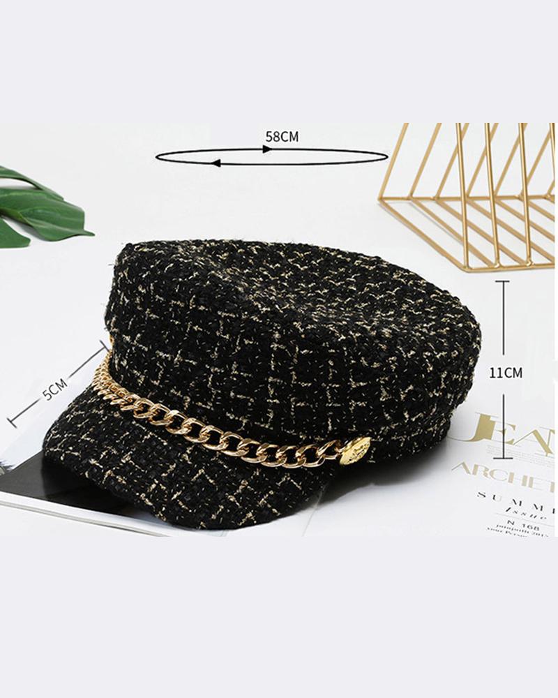 Trendy Tweed Chain Decor Peaked Cap