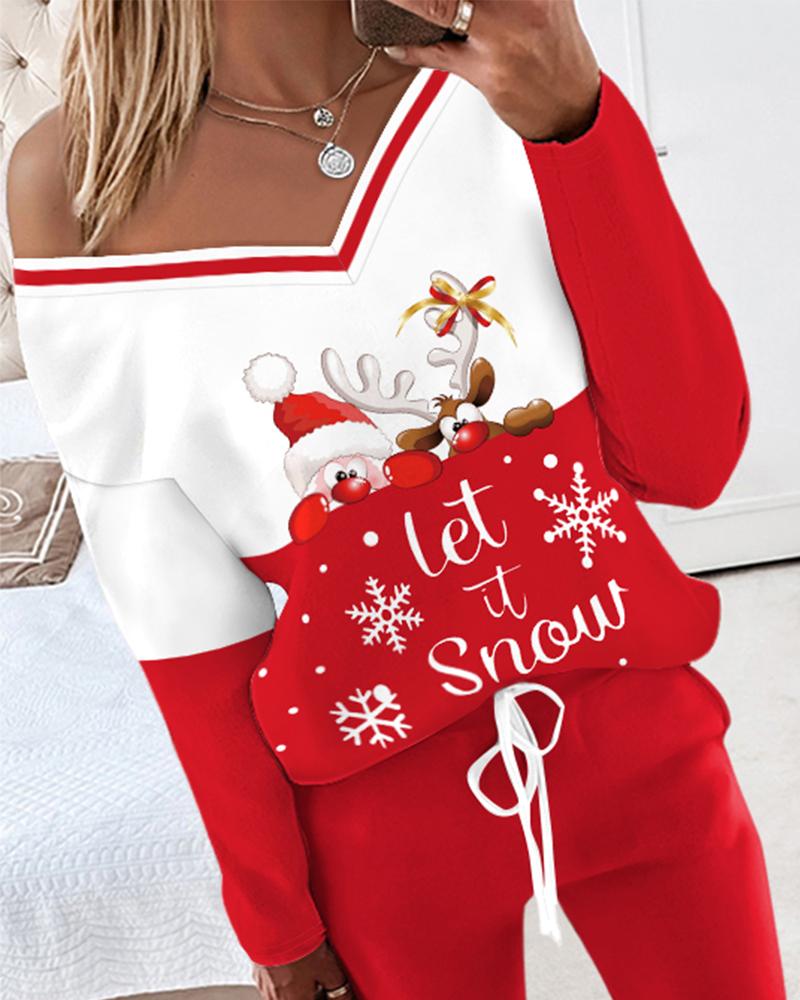 2 Piece Christmas Cartoon Santa Slaus Reindeer Let it Snow Print Long Sleeve Top Stretchy Waist Tracksuit Set