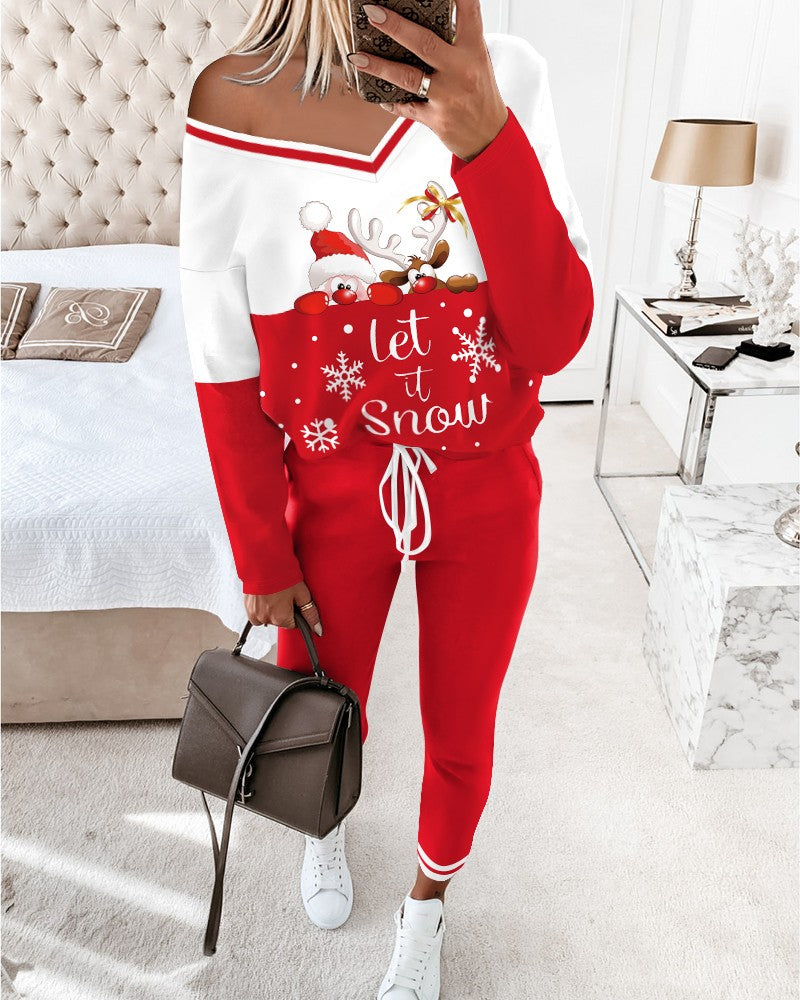 2 Piece Christmas Cartoon Santa Slaus Reindeer Let it Snow Print Long Sleeve Top Stretchy Waist Tracksuit Set