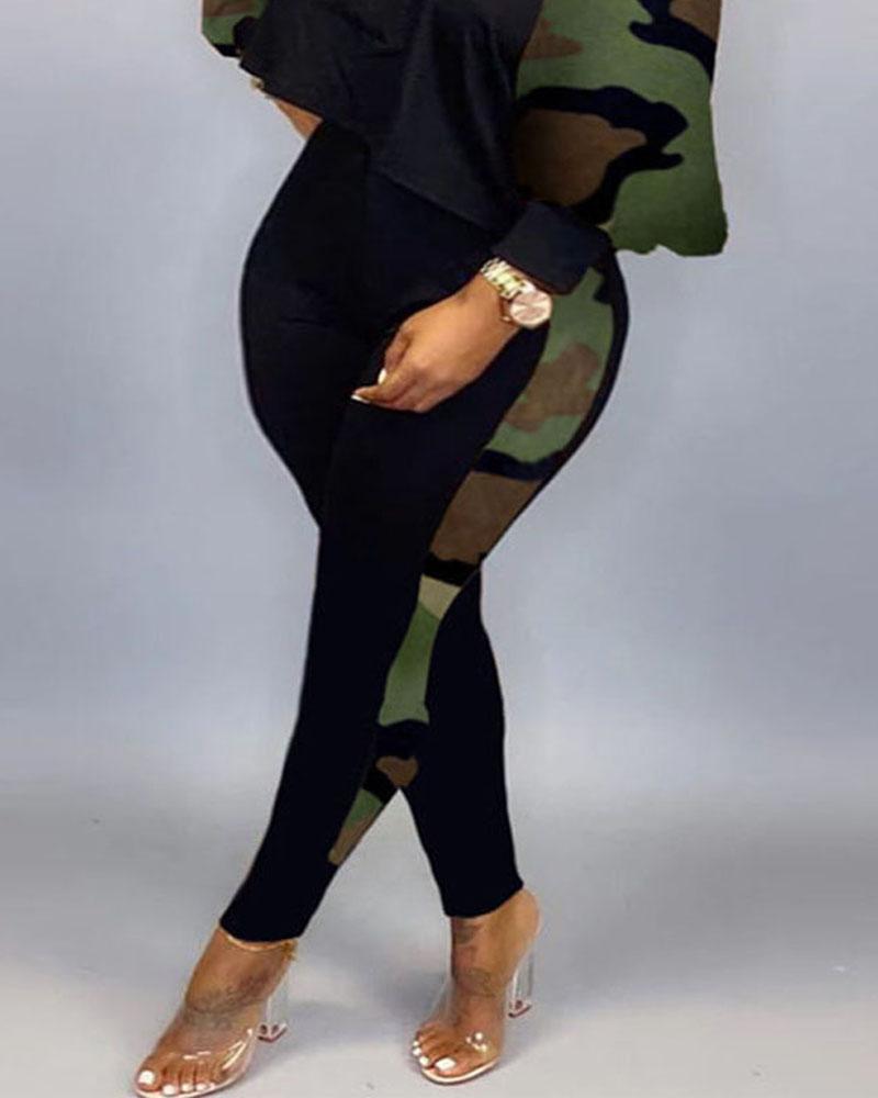 Plus Size Camouflage Print Long Sleeve Top & Pants Set