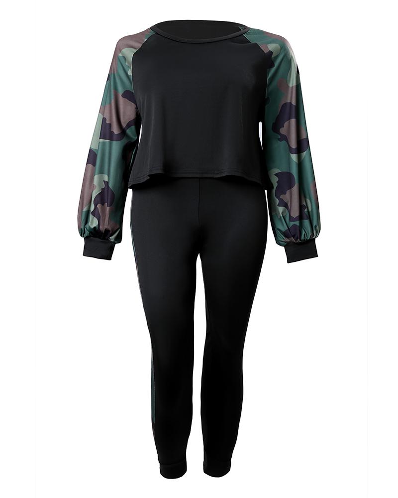 Plus Size Camouflage Print Long Sleeve Top & Pants Set