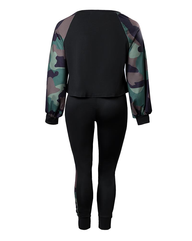 Plus Size Camouflage Print Long Sleeve Top & Pants Set