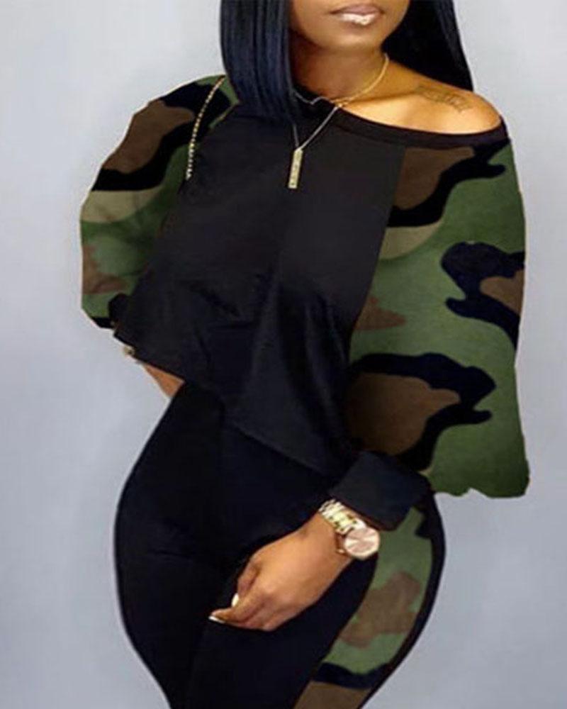 Plus Size Camouflage Print Long Sleeve Top & Pants Set