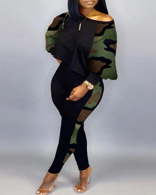 Plus Size Camouflage Print Long Sleeve Top & Pants Set