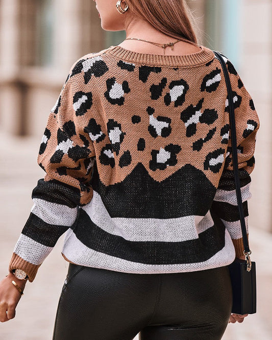 Striped Leopard Pattern Long Sleeve Knit Sweater