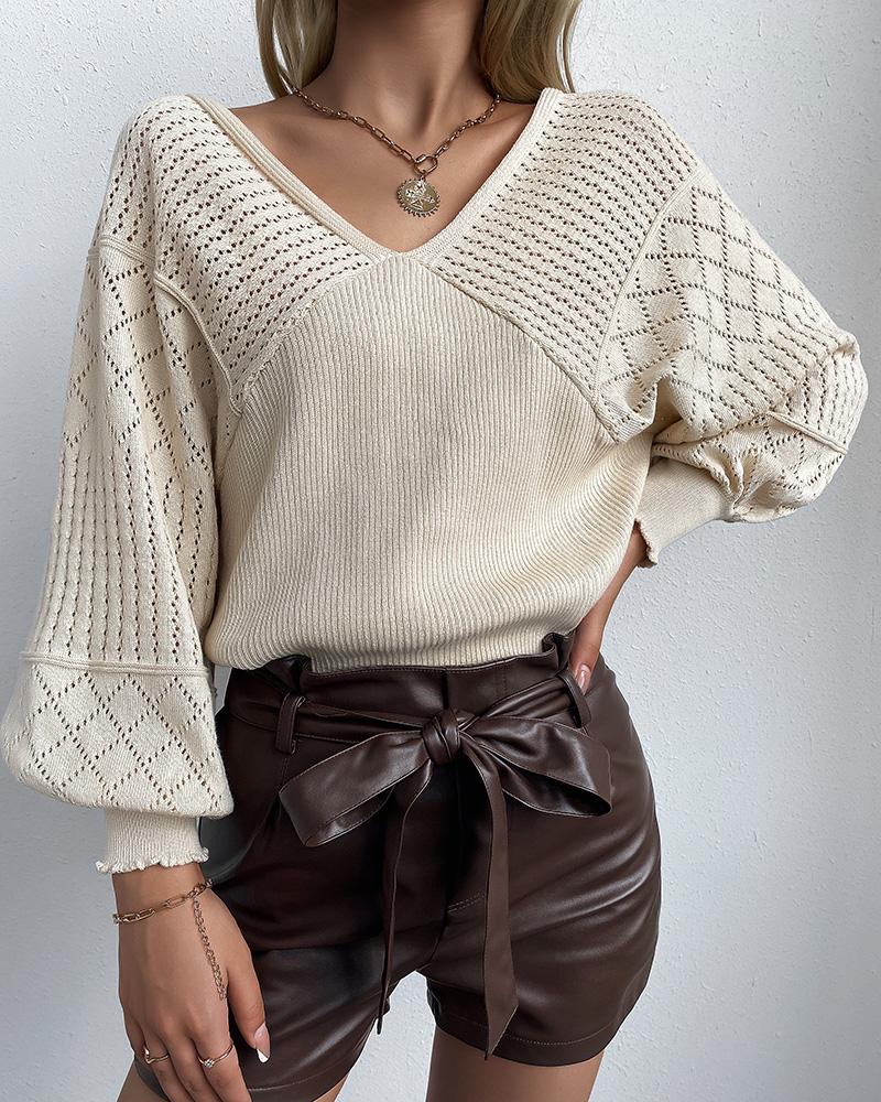 Bishop Sleeve V Neck Open Knit Sweater