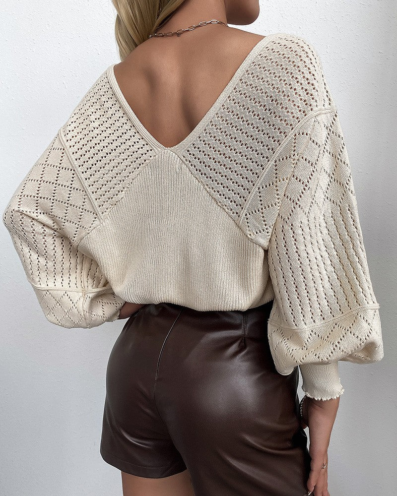 Bishop Sleeve V Neck Open Knit Sweater