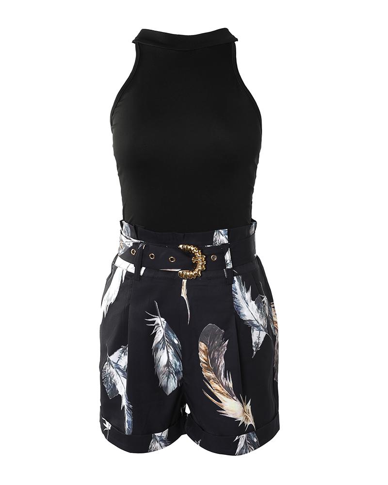 Basic Tank Top & Feather Print Shorts Set With Belt