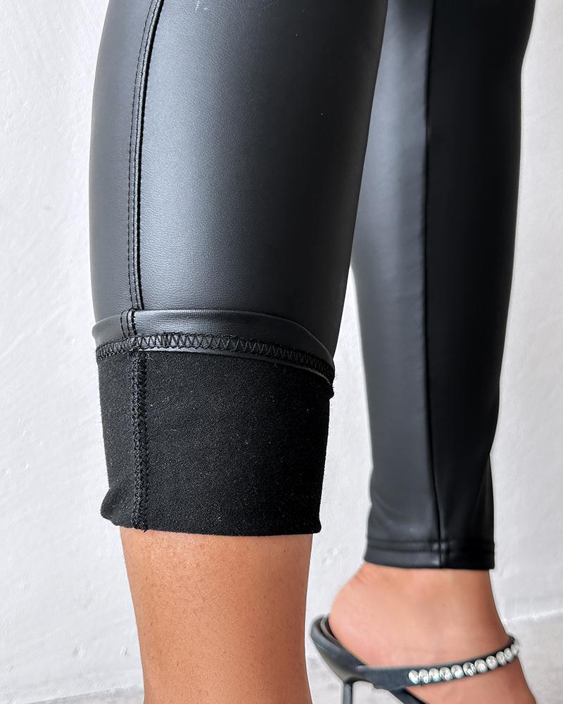 Curved High Waist PU Leather Fleece lined Thermal Pants