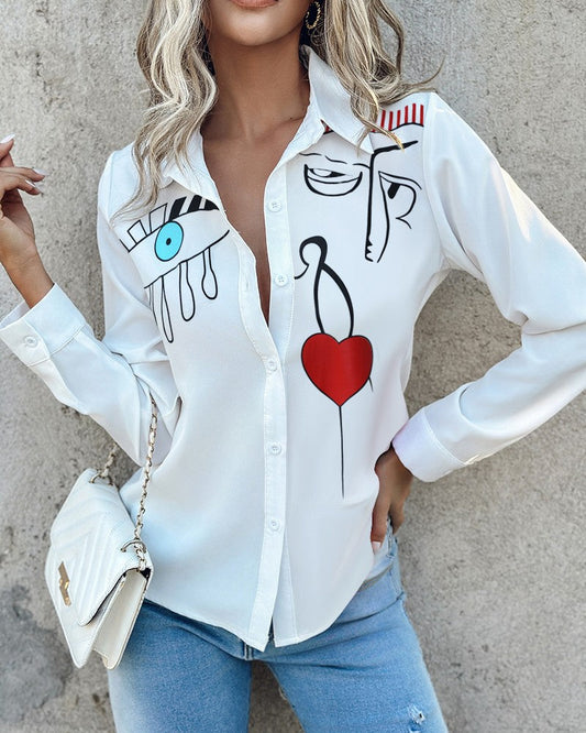 Figure Heart Print Buttoned Top