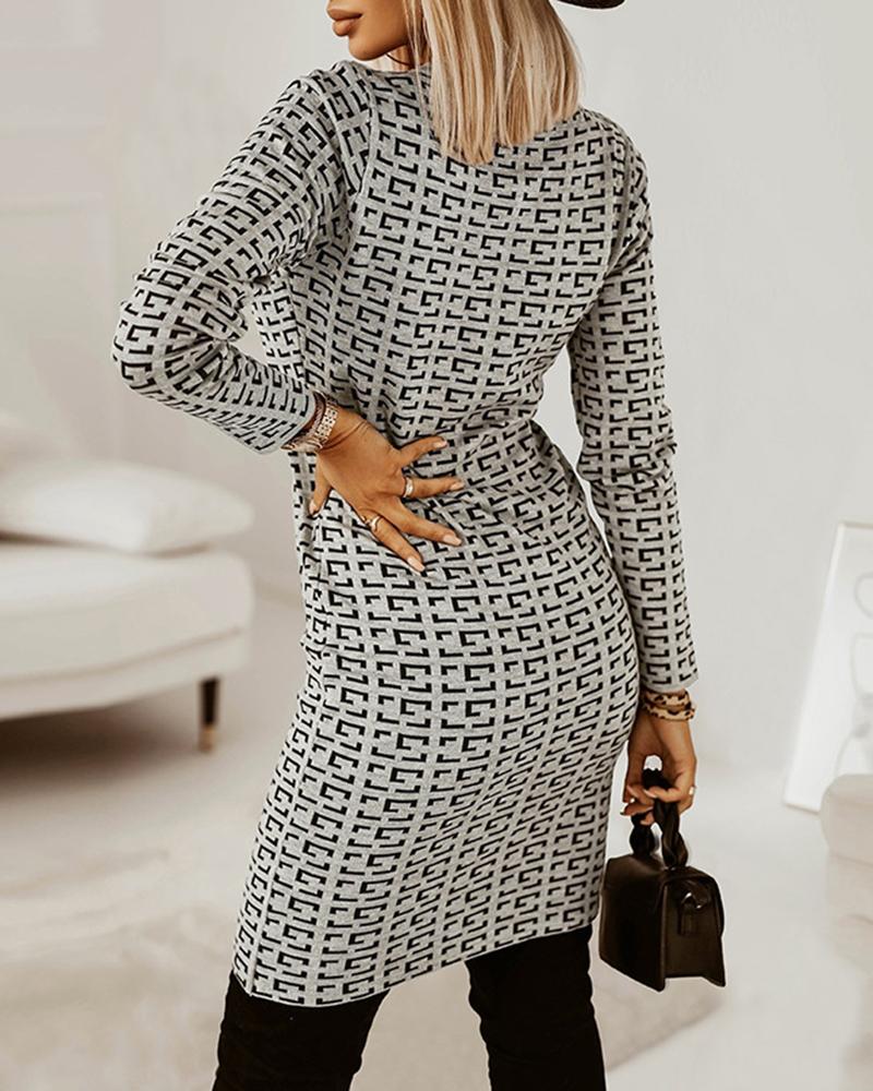 Geo Print Long Sleeve Buttoned Knit Dress