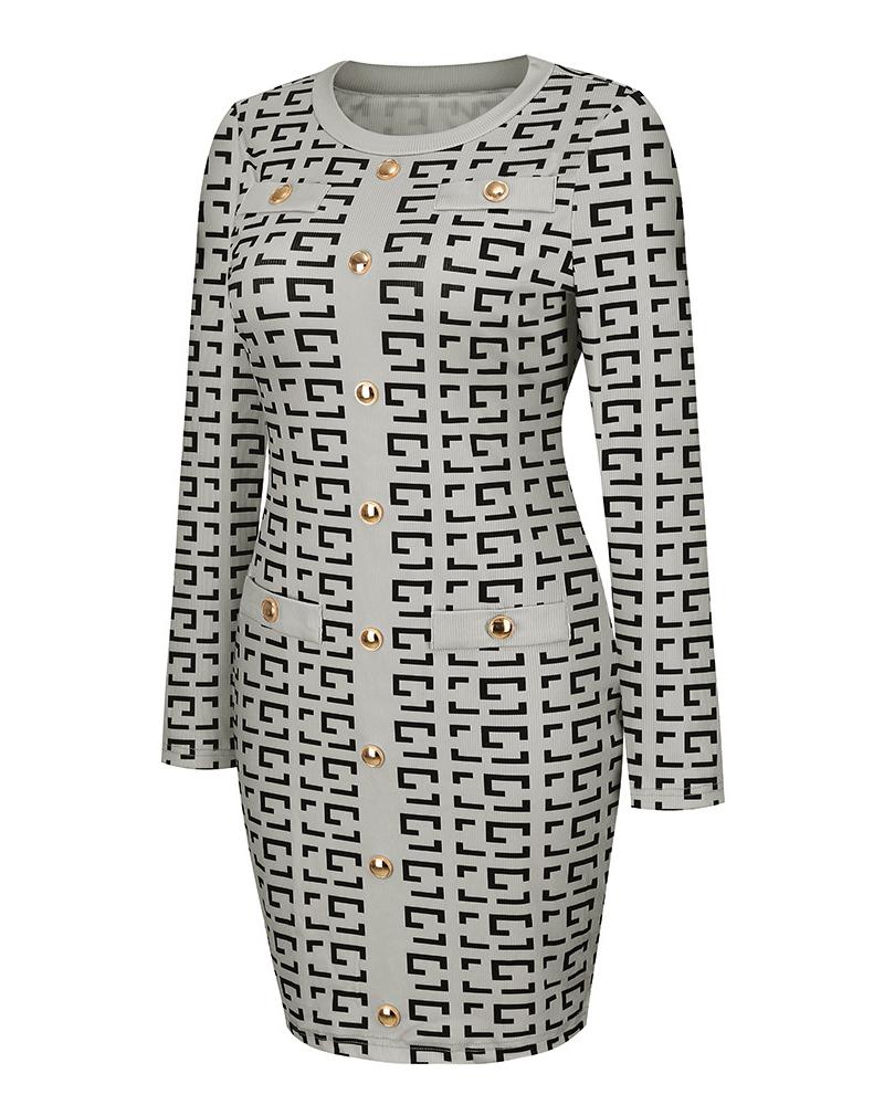 Geo Print Long Sleeve Buttoned Knit Dress