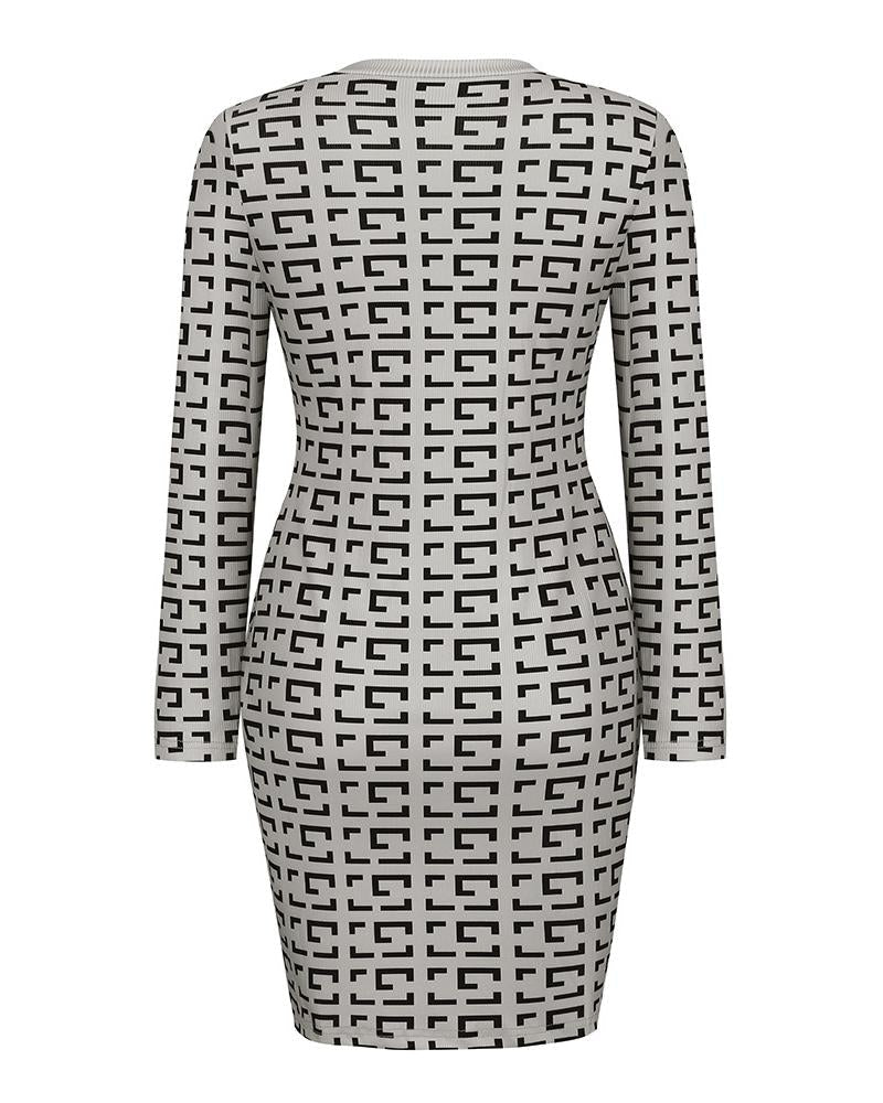 Geo Print Long Sleeve Buttoned Knit Dress