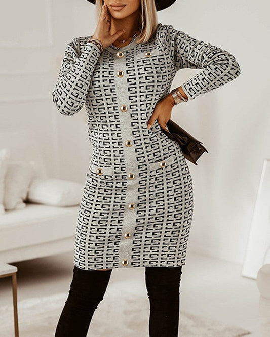 Geo Print Long Sleeve Buttoned Knit Dress