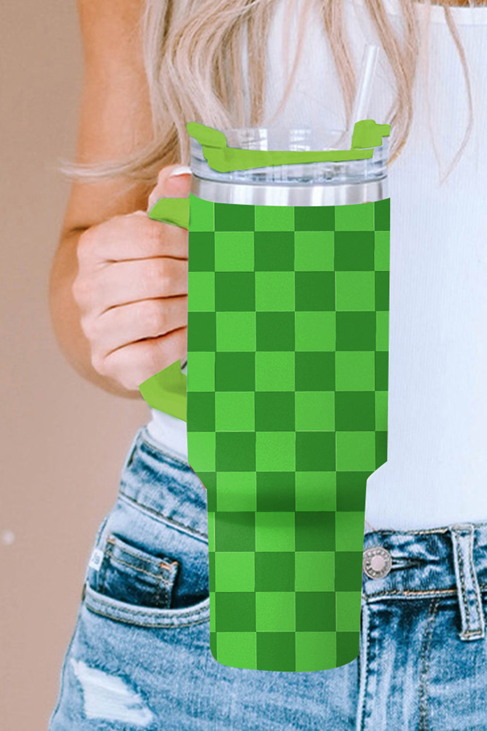 Green Two Tone Checkered Stainless Tumbler with Handle 40oz