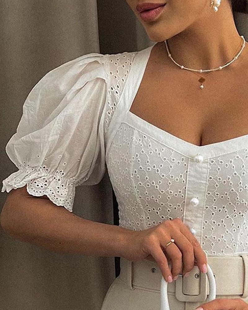 Eyelet Embroidery Buttoned Puff Sleeve Top