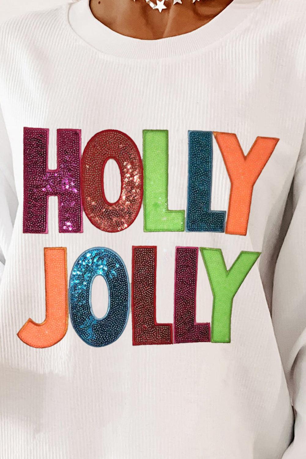 White Oversized Christmas Sequined HOLLY JOLLY Corded Crewneck Sweatshirt