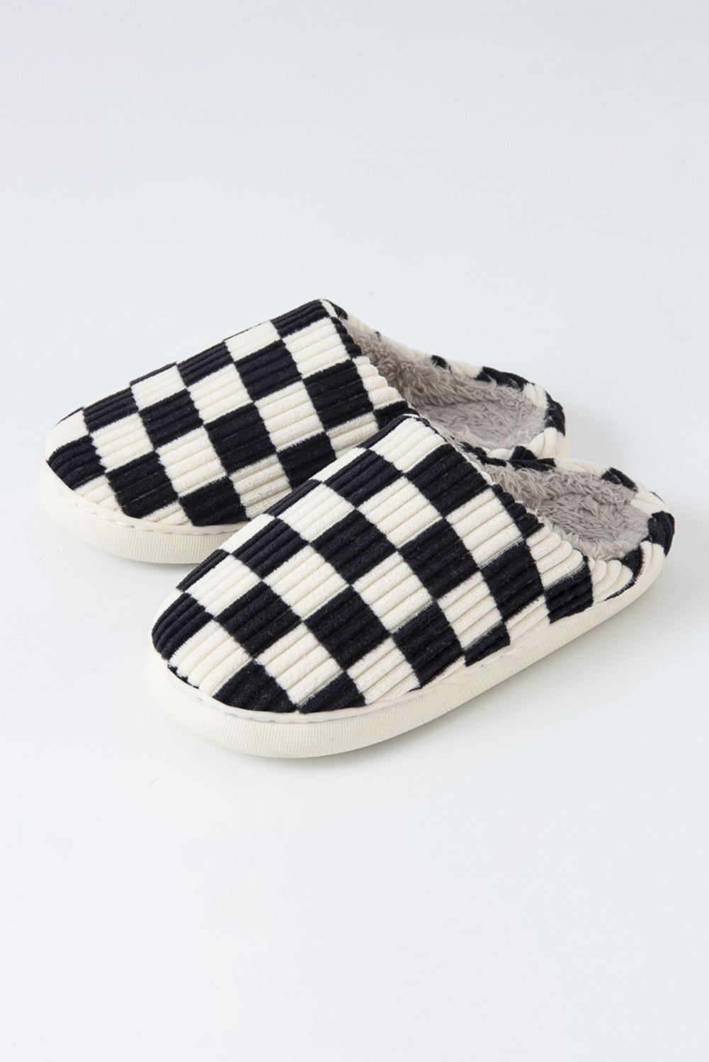 Black Checkered Print Ribbed Plush Lined Winter Slippers