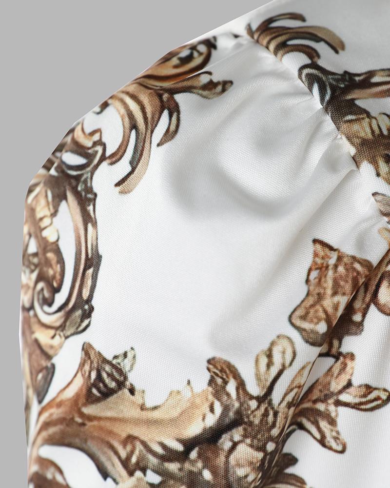 Baroque Print Gigot Sleeve Bodycon Dress