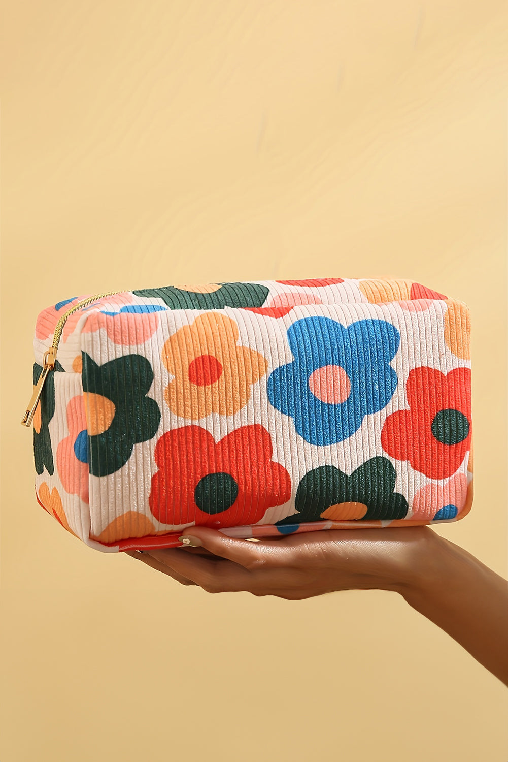 White Flower Print Zipper Square Corduroy Cosmetic Bag