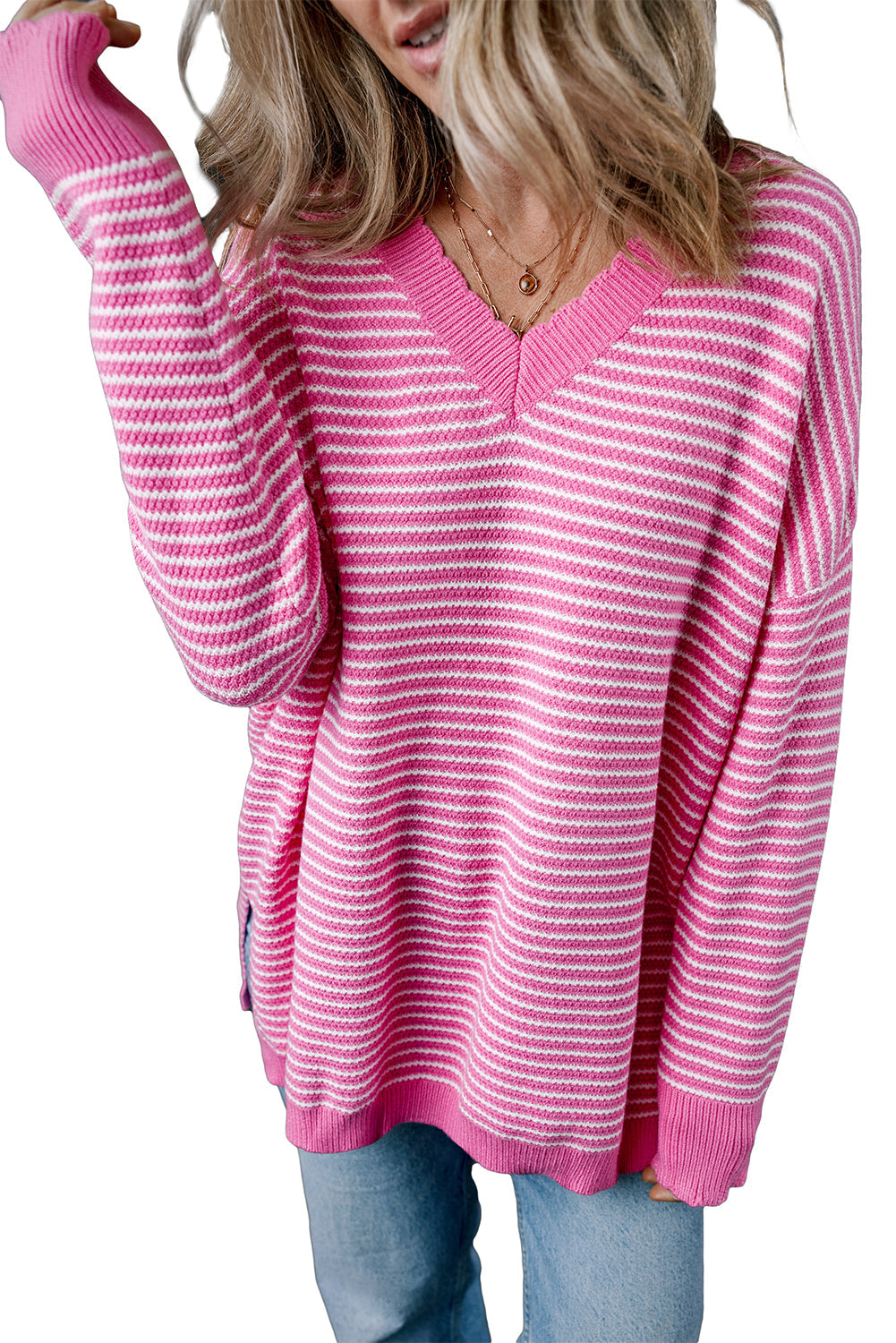 Pink Striped Scallop V Neck Loose Sweater with Slits