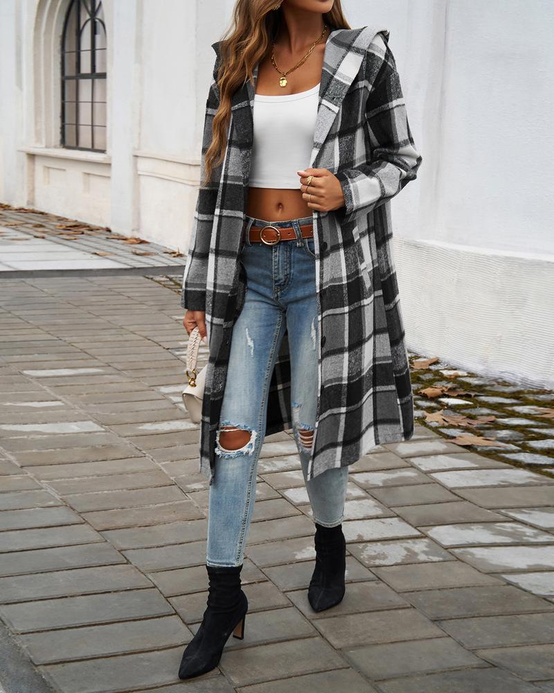 Plaid Pattern Button Down Pocket Design Longline Hooded Coat