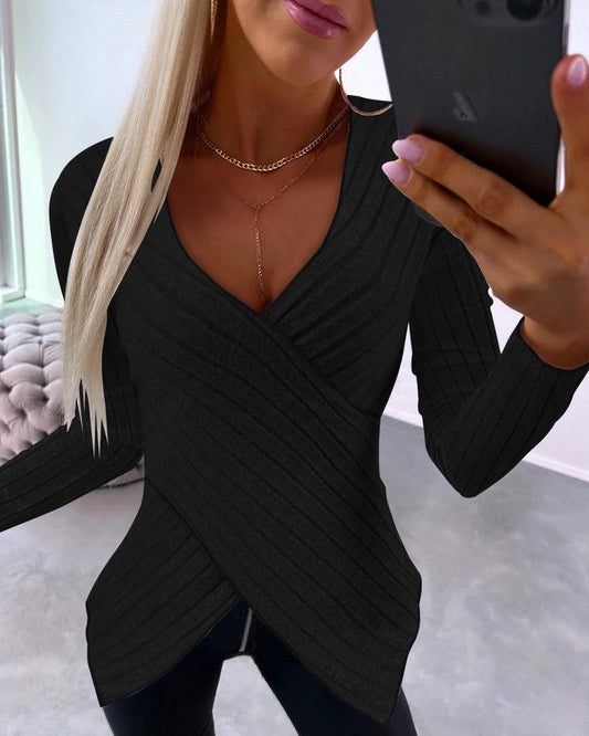 V Neck Overlap Asymmetrical Long Sleeve Top