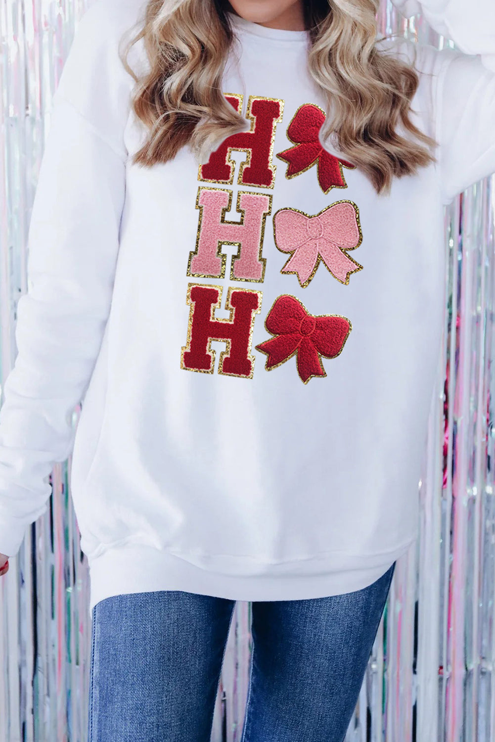 White Chenille HO HO HO Bow Patched Graphic Christmas Sweatshirt