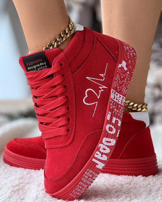 Heart Embroidery Lace up Platform Sneakers