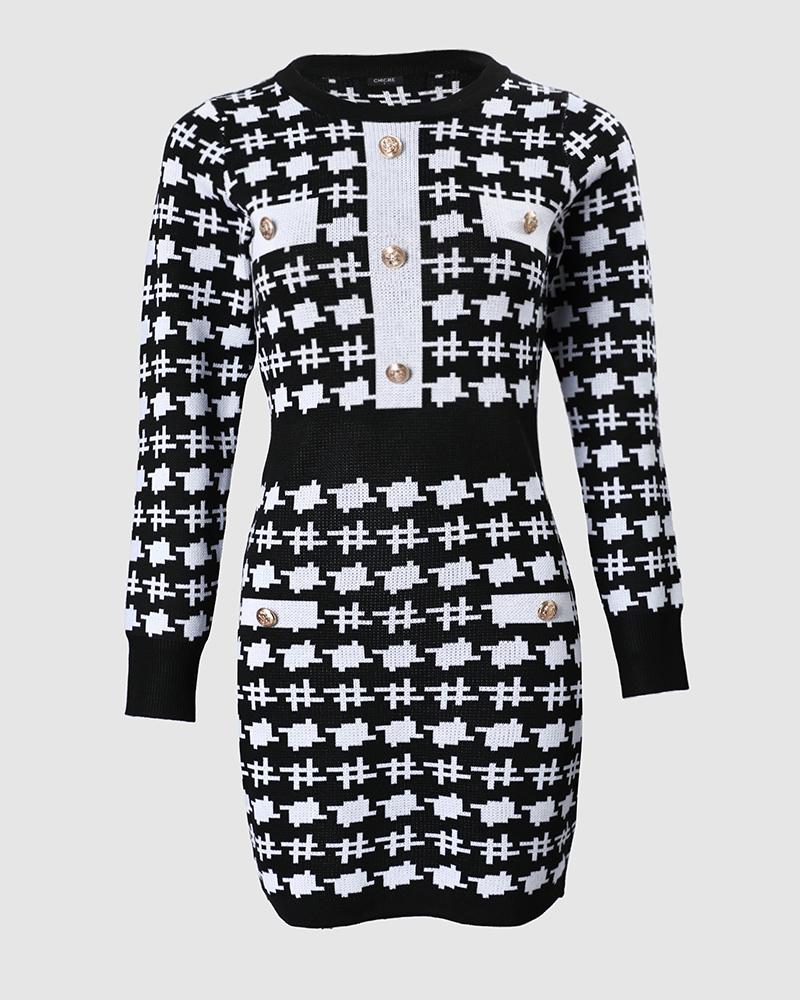 Houndstooth Pattern Long Sleeve Bodycon Dress