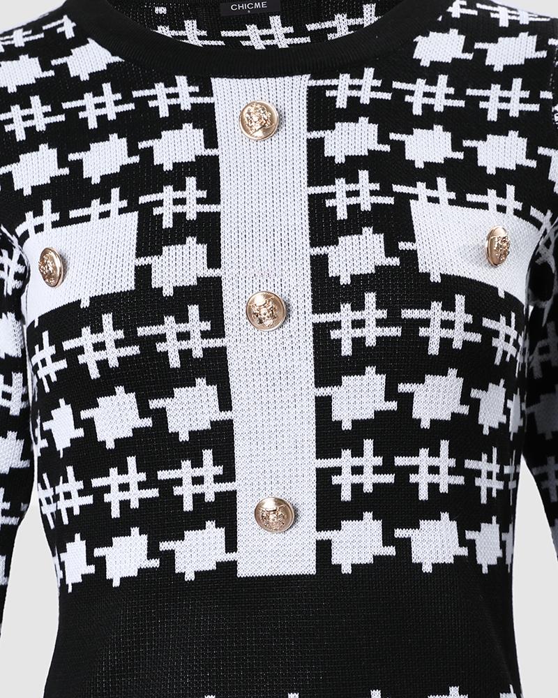 Houndstooth Pattern Long Sleeve Bodycon Dress