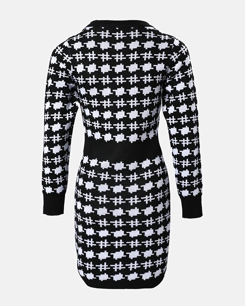 Houndstooth Pattern Long Sleeve Bodycon Dress