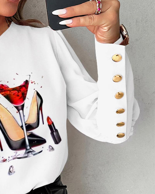 Wine Glass High Heel Shoes Print Gigot Sleeve Top