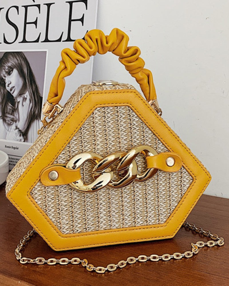 Trendy Chain Decor Top Handle Straw Geometrical Crossbody Bag