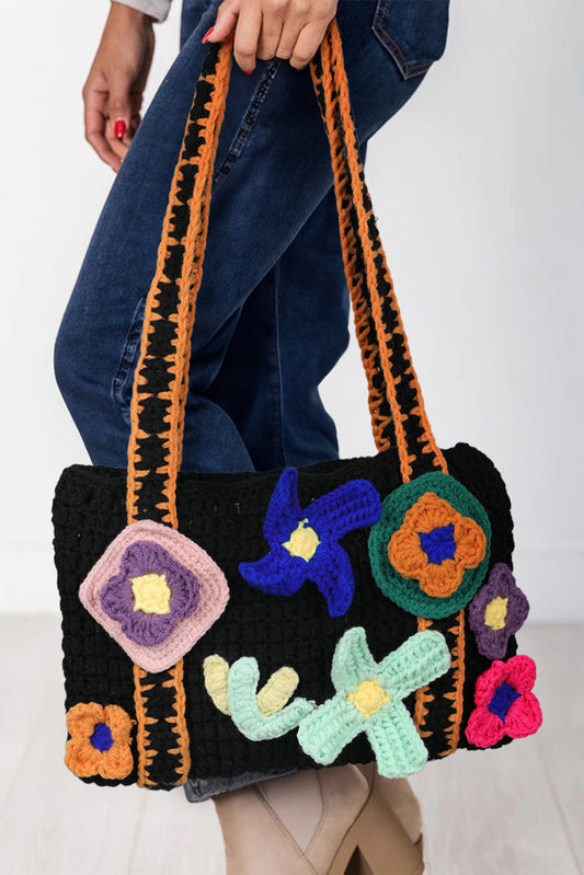 Black Flower Crochet Granny Knitted Tote Bag