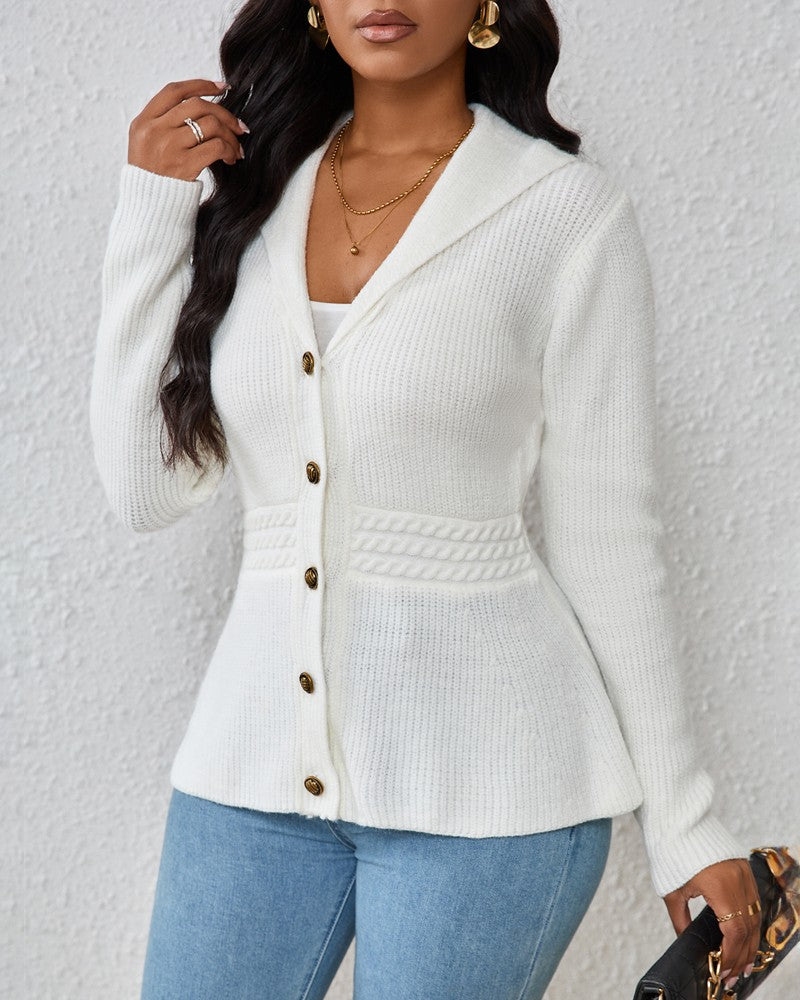 Lapel Neck Button Down Cable Knit Sweater