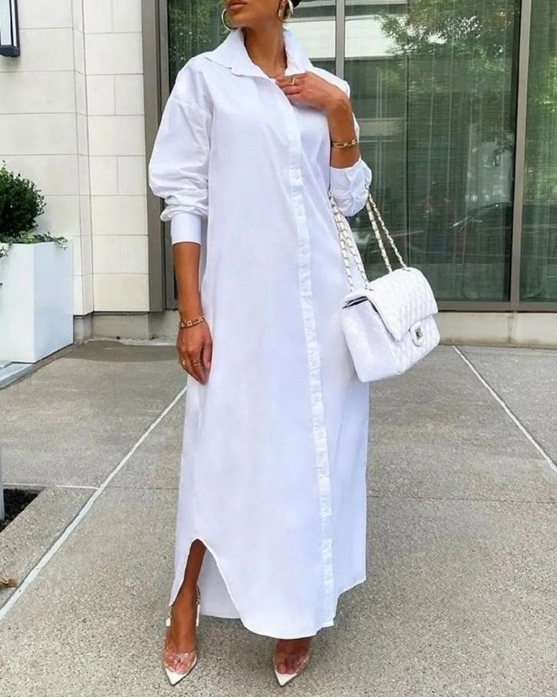 Long Sleeve Buttoned Slit Shirt Dress