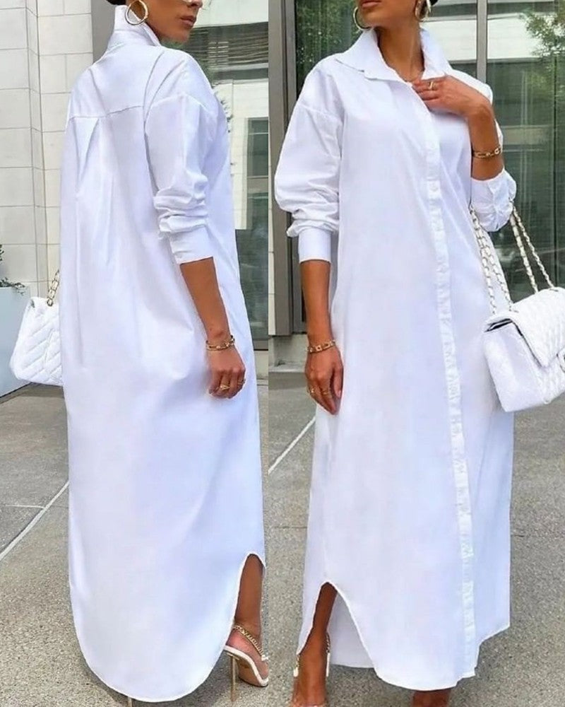 Long Sleeve Buttoned Slit Shirt Dress