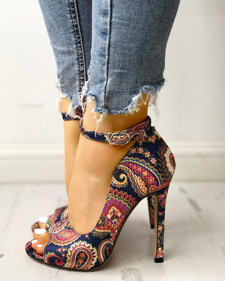 Ethnic Print Peep Toe Ankle Strap Thin Heeled Sandals