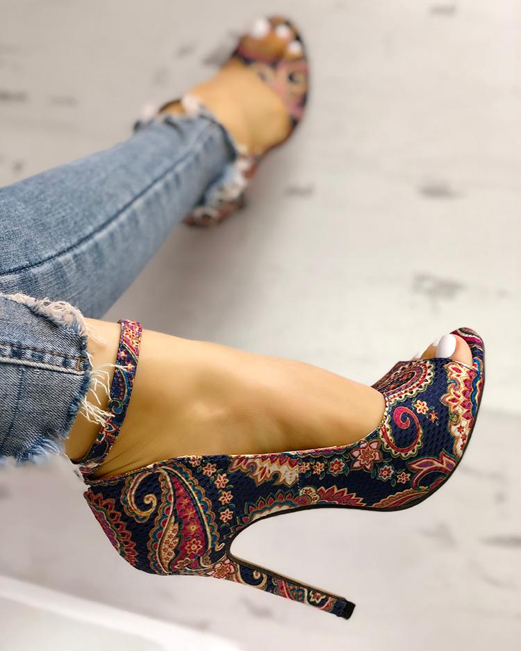 Ethnic Print Peep Toe Ankle Strap Thin Heeled Sandals