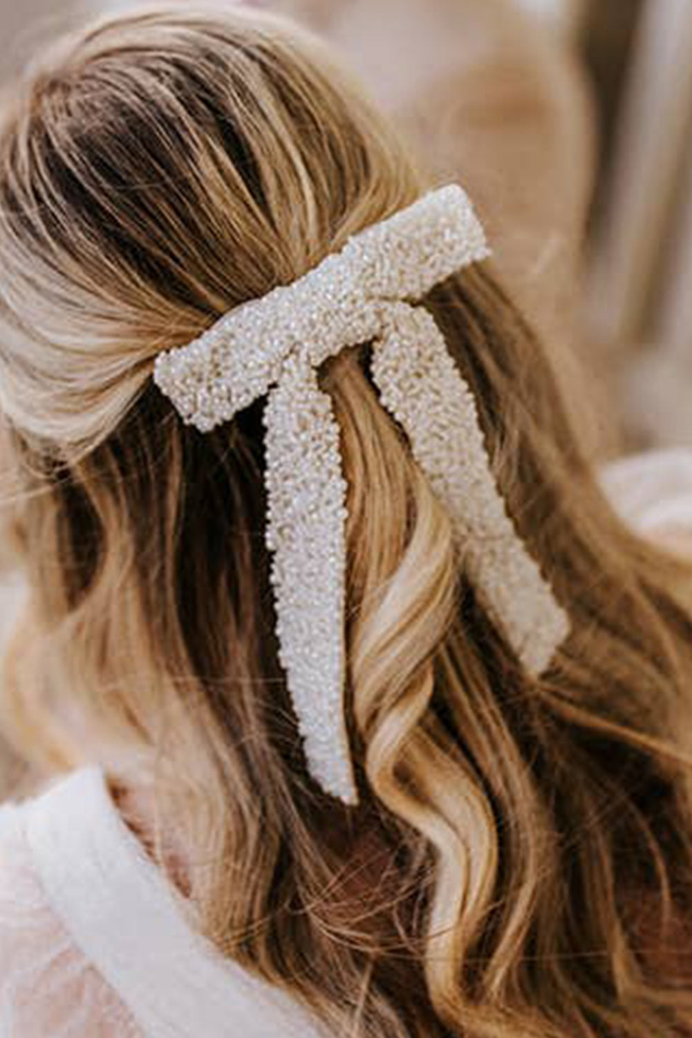 White Beaded Bow Knot Hair Clip