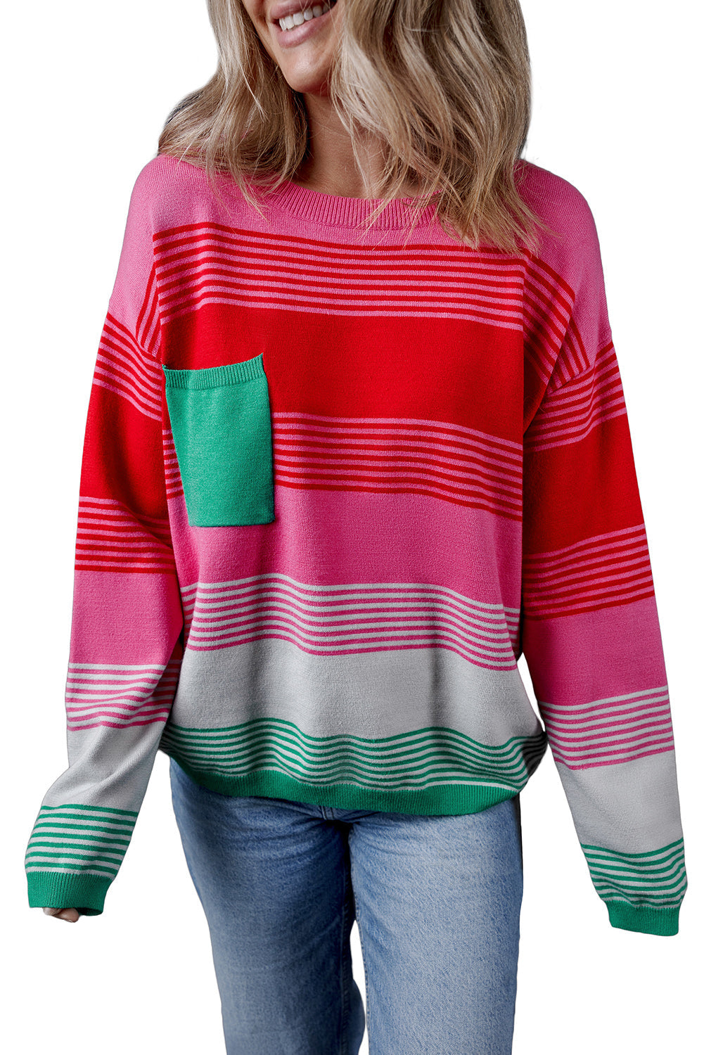 Rose Striped Knit Patch Pocket Drop Shoulder Sweater