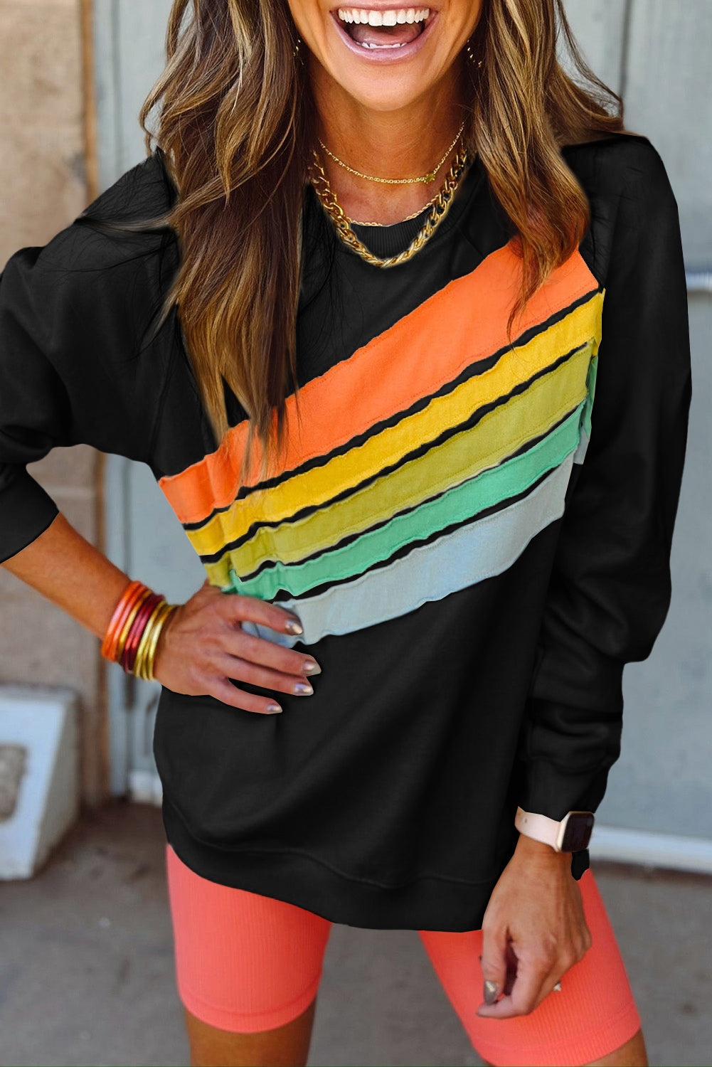 white Rainbow Raglan Sleeve Crew Neck Plus Size Sweatshirt