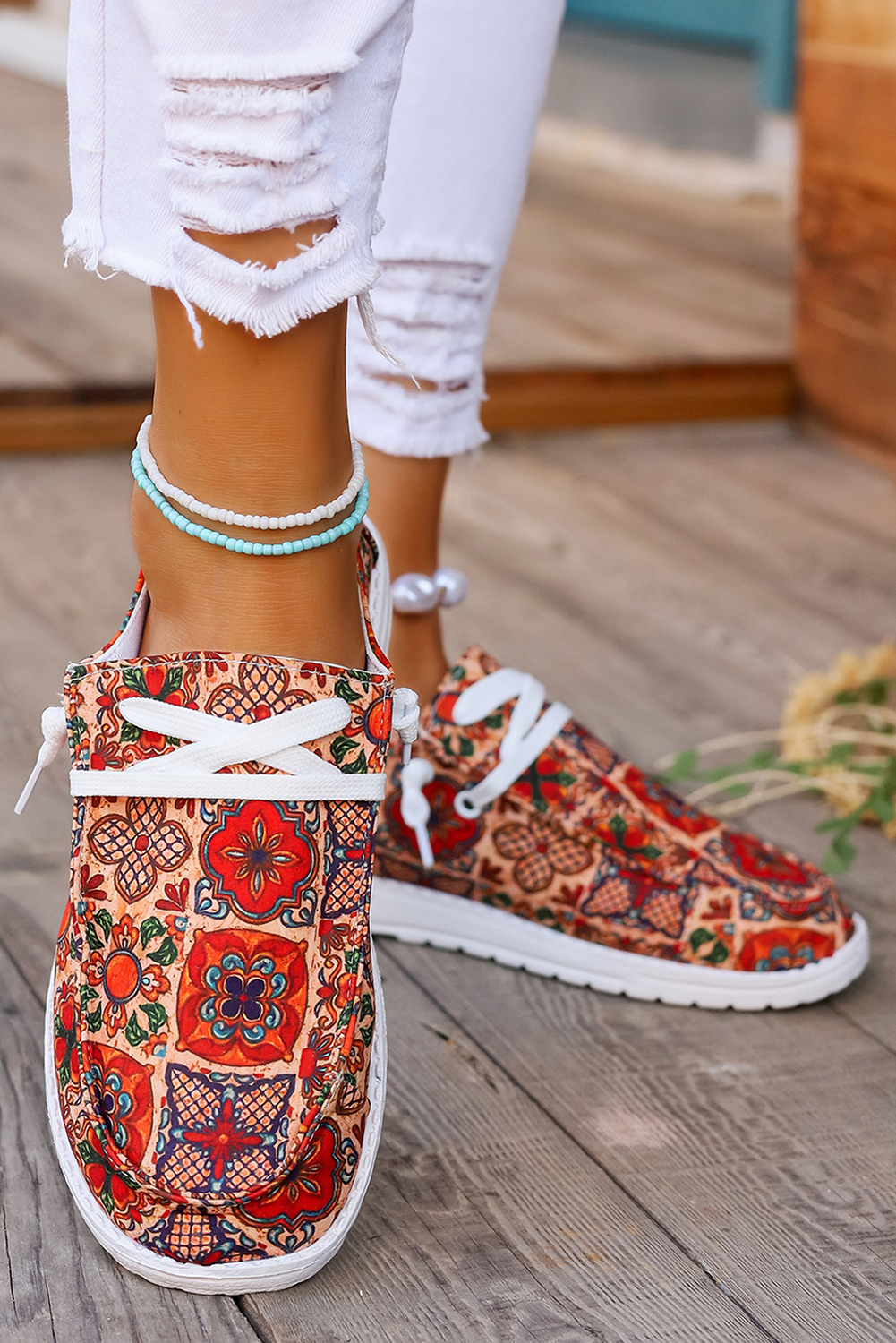 Fiery Red Western Printed Lacing Flat Slip On Shoes