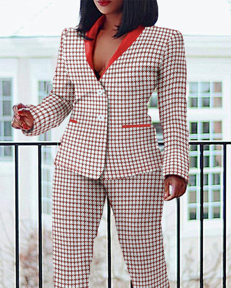 Plus Size Plaid Print Shawl Collar Blazer Coat & Pants Set