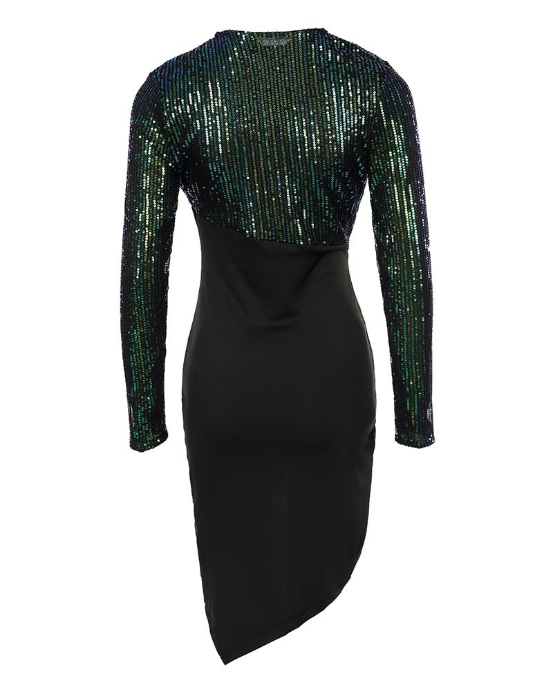 Contrast Sequins Ruched Long Sleeve Bodycon Dress