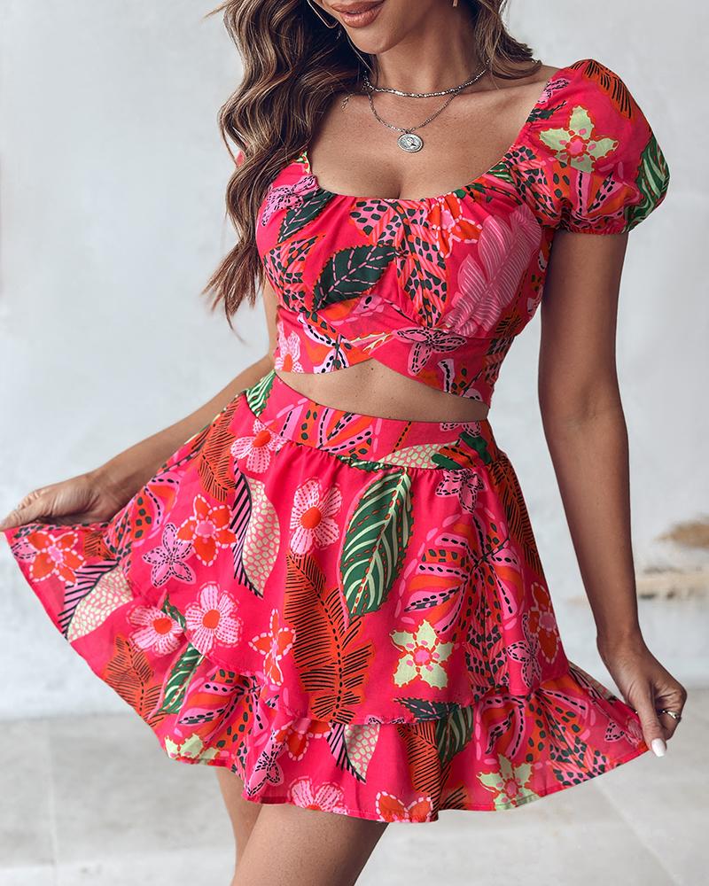 Tropical Print Crop Top & Layered Ruffles Skirt Set