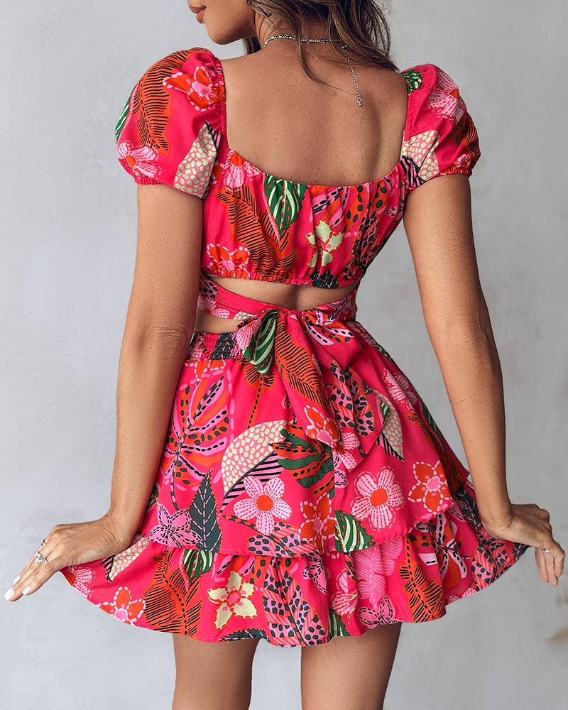 Tropical Print Crop Top & Layered Ruffles Skirt Set